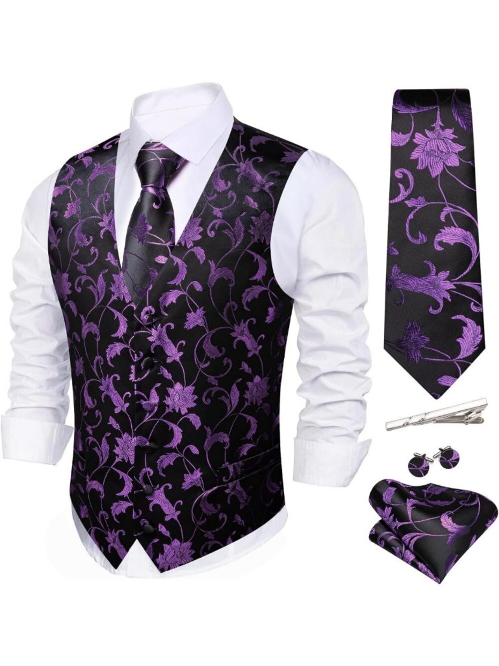 Floral Silk Waistcoat & Tie Set for Men | Formal & Leisure 5-Piece Suit Vest
